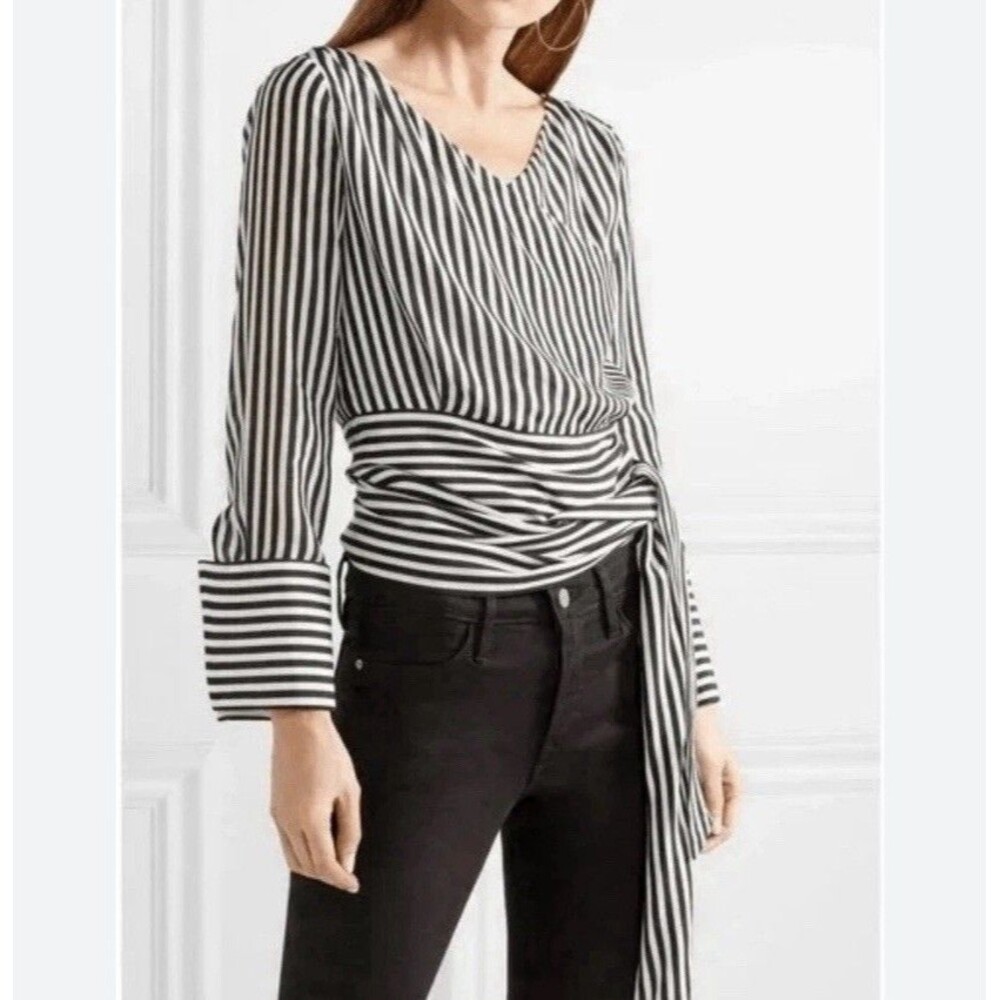 Alice + Olivia Black and White Striped Wrap Blouse